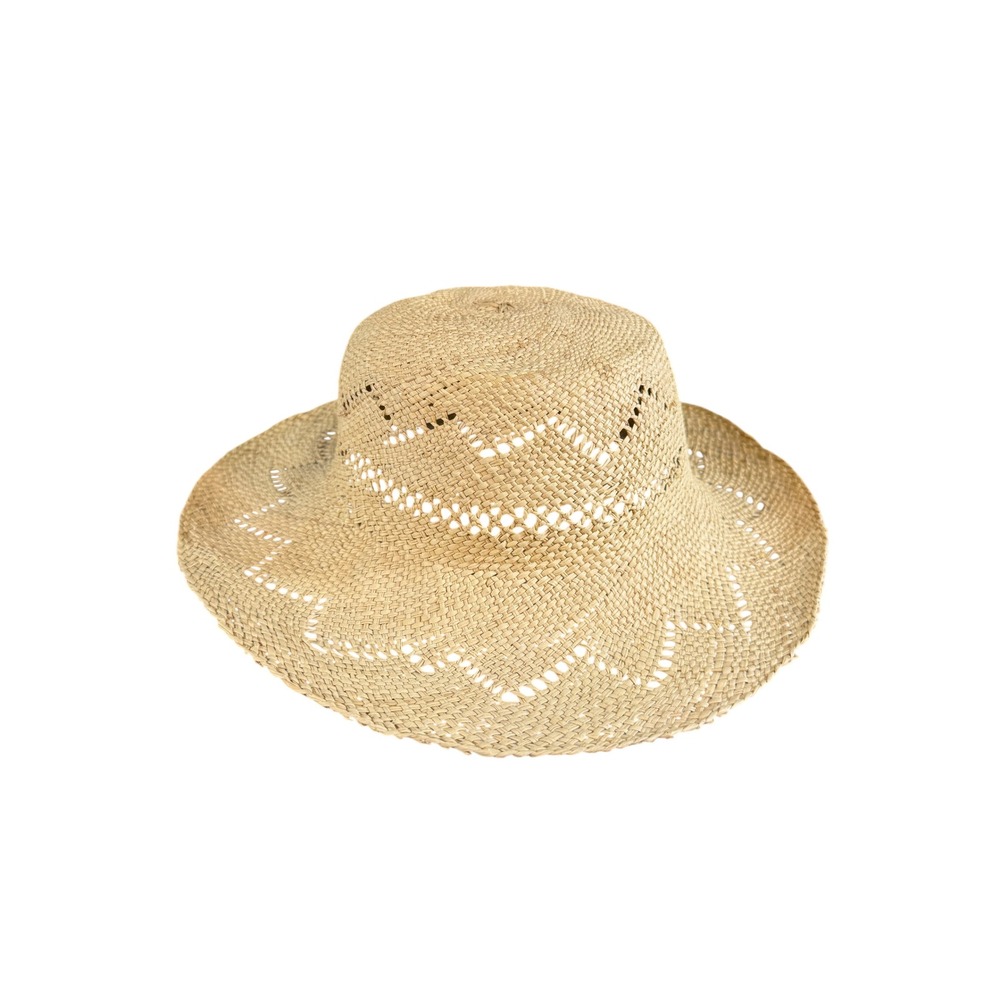 Vintage Handwoven Straw Sun Hat Wide Brim Tan Chevron Open Weave Summer Beach
